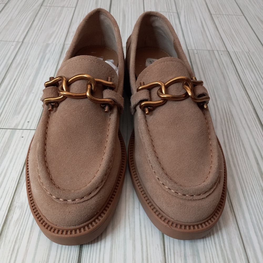 Steve Madden Karmine Tan Leather Suede Gold Tone Chain Loafer